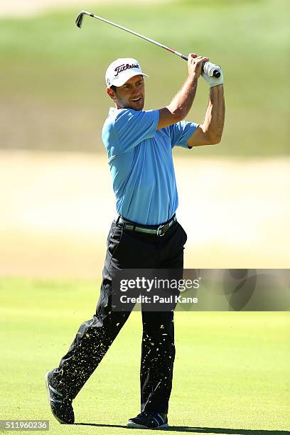 Jamie Dwyer watches his approach shot during the Pro-Am ahead of the 2016 Perth International at Lake Karrinyup Country Club on February 24, 2016 in...