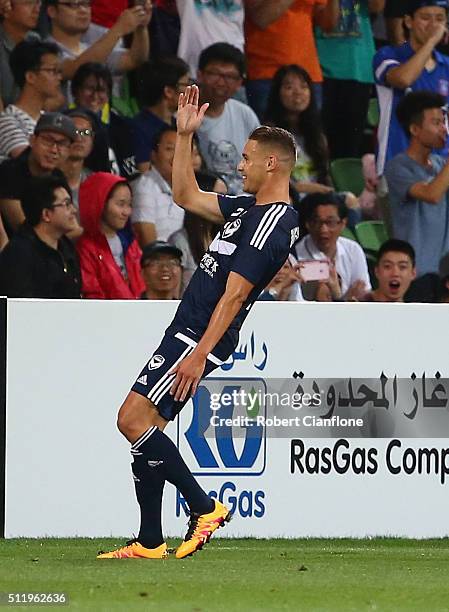 Jai Ingham of Melbourne Victory celebrates after scoring a goal during the AFC Asian Champions League match between Melbourne Victory and Shanghai...
