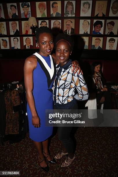 Playwright Danai Gurira and Lupita Nyong'o attend the After Party for the first preview of "Eclipsed" on Broadway at Sardis on February 23, 2016 in...