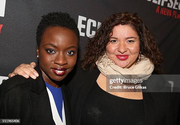 Playwright Danai Gurira and Director Liesl Tommy attends the first preview of "Eclipsed" on Broadway at The Golden Theatre on February 23, 2016 in...