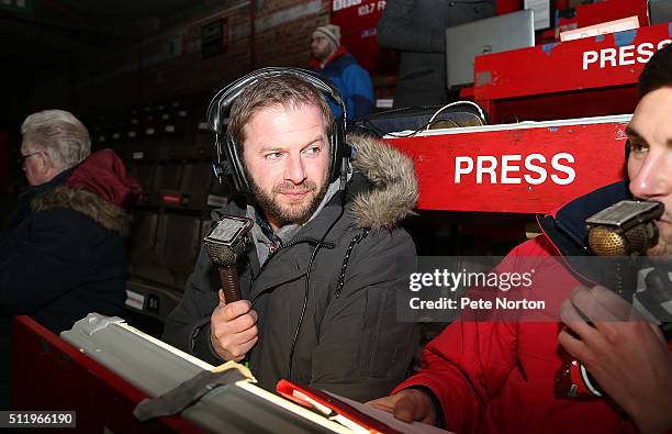 Former Northampton Town player Martin Smith takes up his job as a Radio pundit during the Sky Bet League Two match between York City and Northampton...