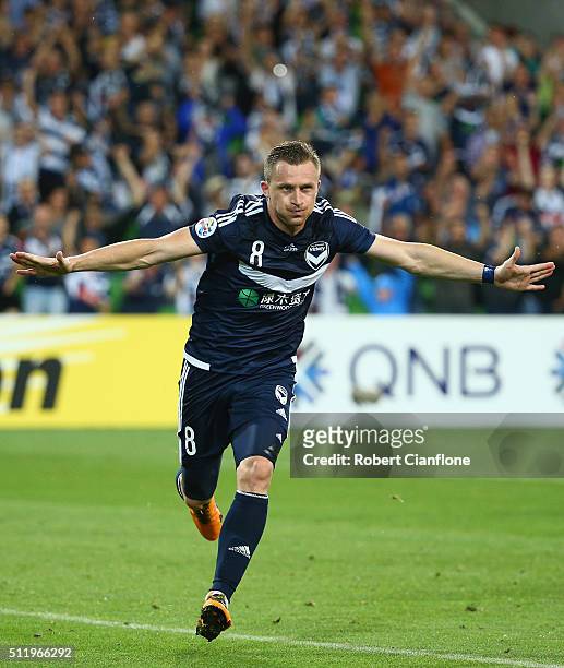 Besart Berisha of Melbourne Victory celebrates after scoring a penalty during the AFC Asian Champions League match between Melbourne Victory and...