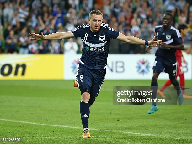 Besart Berisha of Melbourne Victory celebrates after scoring a penalty during the AFC Asian Champions League match between Melbourne Victory and...