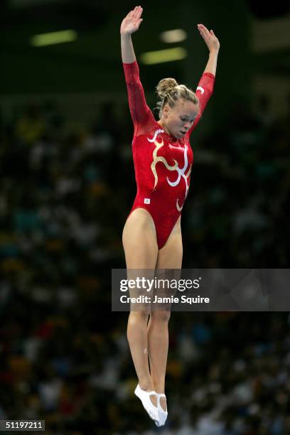 Karen Cockburn of Canada competes in the women's trampoline final on August 20, 2004 during the Athens 2004 Summer Olympic Games at the Olympic...