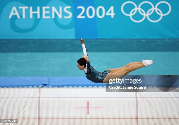 Olena Movchan of Ukraine competes in the women's trampoline qualifications on August 20, 2004 during the Athens 2004 Summer Olympic Games at the...