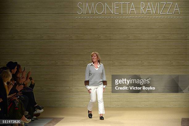 Designer Simonetta Ravizza poses at the runway at the Simonetta Ravizza show during Milan Fashion Week Fall/Winter 2016/17 on February 24, 2016 in...