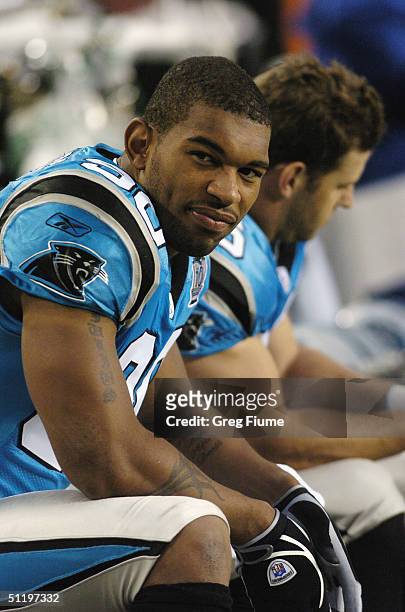 Defensive end Julius Peppers of the Carolina Panthers looks at the camera during the preseason game against the Washington Redskins at Fed Ex Field...