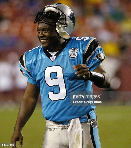Quarterback Rodney Peete of the Carolina Panthers smiles during the preseason game against the Washington Redskins at Fed Ex Field on August 14, 2004...