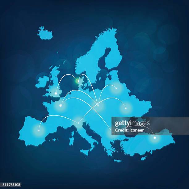 europe map with lights connected on blue background - europa mythological character stock illustrations