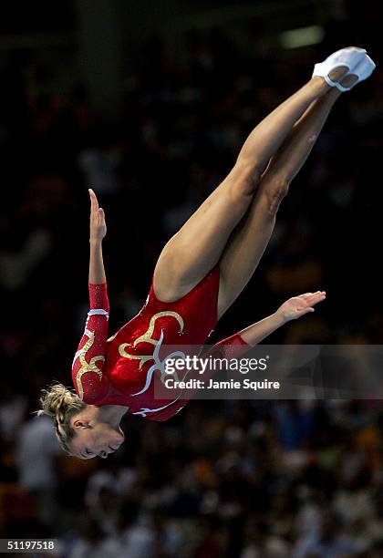 Karen Cockburn of Canada competes in the women's trampoline final on August 20, 2004 during the Athens 2004 Summer Olympic Games at the Olympic...