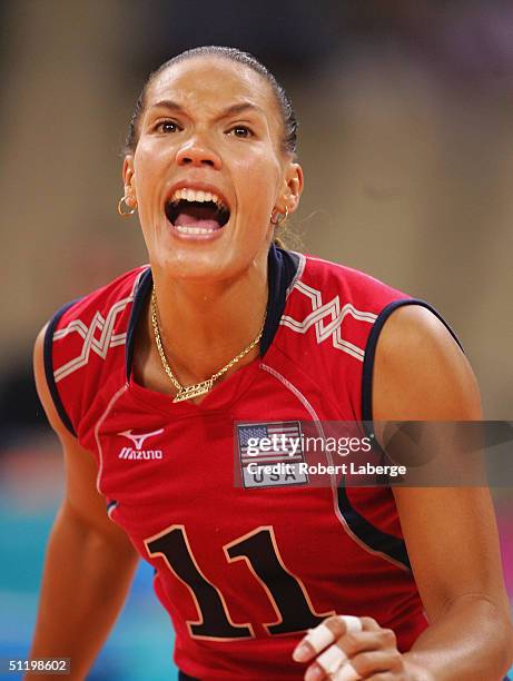 Robyn Ah Mow Santos of the USA screams as she encourages her teammates during their match against Russia during the women's indoor Volleyball...