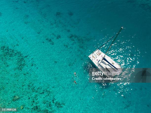 vue aérienne de catamaran ancré dans tropical dans les caraïbes - catamaran photos et images de collection