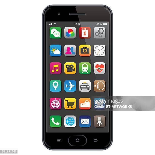 illustrazioni stock, clip art, cartoni animati e icone di tendenza di smartphone con icone delle app - applicazione mobile