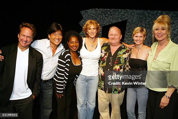 Former cast members of "Police Academy" Scott Thompson, Brian Tochi, Marion Ramsey, Donavan Scott, Patricia Jennings and Leslie Easterbrook pose with...