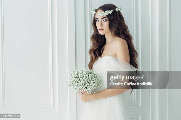 studio shot of young beautiful bride - flower tiara stock pictures, royalty-free photos & images