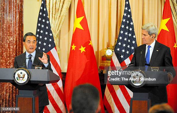 Secretary of State John Kerry and Chinese Foreign Minister Wang Yi attend a joined news conference at the State Department on February 23, 2016 in...