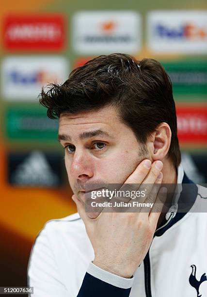 Mauricio Pochettino manager of Tottenham Hotspur looks on during a Tottenham Hotspur press conference ahead of their UEFA Europa League round of 32...