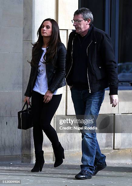 Adam Johnson's partner Stacey Flounders arrives at lunchtime, accompanied by the footballer's father Dave Johnson, on day nine of the trial of...