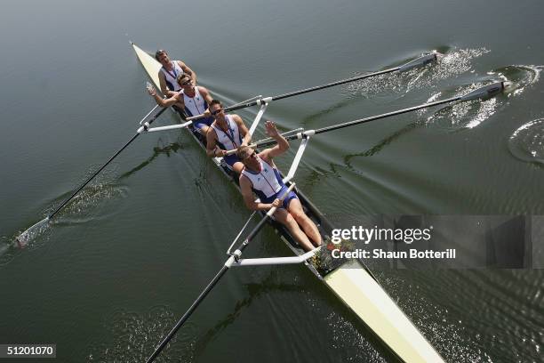 Steve Williams, James Cracknell, Ed Coode, Matthew Pinsent of Great Britain celebratre after winning the men's four final on August 21, 2004 during...