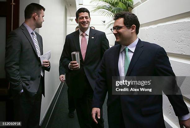 Speaker of the House Rep. Paul Ryan arrives at a House Republican Conference meeting February 24, 2016 on Capitol Hill in Washington, DC. House GOP...