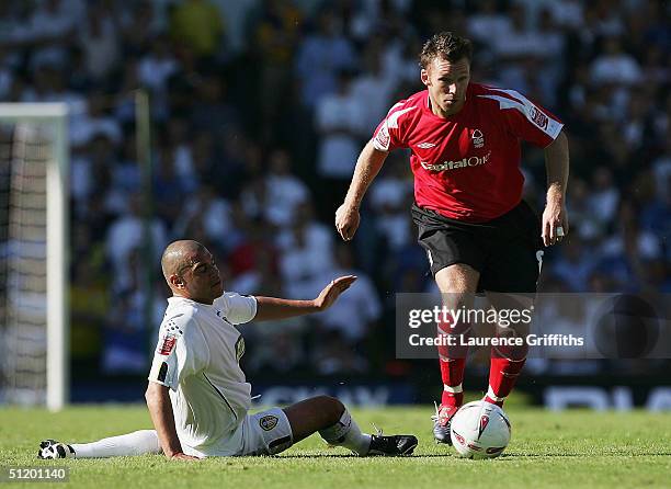 Paul Evans of Nottingham Forest beats Stephen Crainey of Leeds during the Coca-Cola Championship match between Leeds United and Nottingham Forest at...