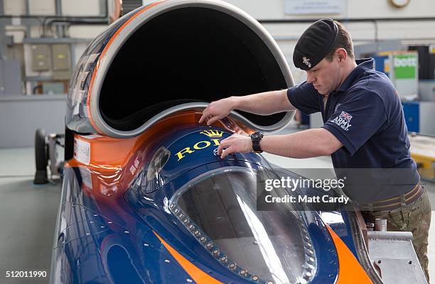 LCpl Darren King from the Royal Electrical and Mechanical Engineers checks over the Bloodhound SSC vehicle at the design centre in Avonmouth on...