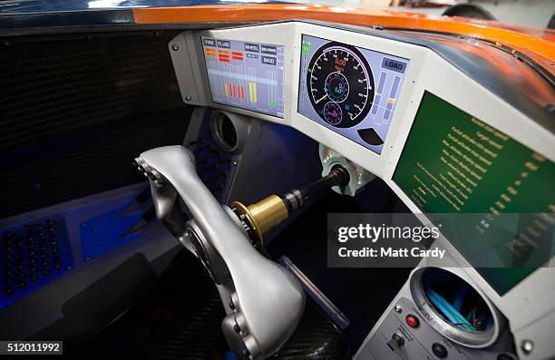 The mock up of the cockpit of the Bloodhound SSC vehicle is seen on display inside the design centre in Avonmouth on February 24, 2016 in Bristol,...