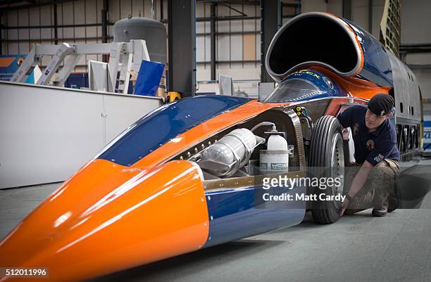 LCpl Darren King from the Royal Electrical and Mechanical Engineers checks over the Bloodhound SSC vehicle at the design centre in Avonmouth on...