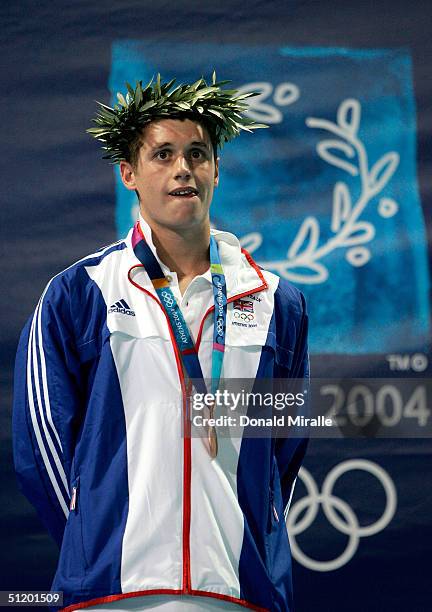 David Davies of Great Britain wins the bronze medal in the men's swimming 1500 metre freestyle event on August 21, 2004 during the Athens 2004 Summer...