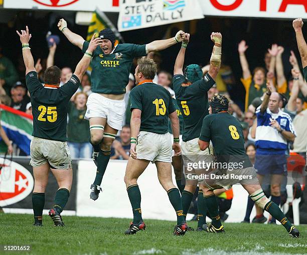 South Africa celebrate the final whistle as they win the Tri Nation Championship after the Tri-Nations Rugby Union International between South Africa...