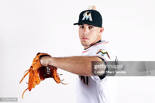 Pitcher Jose Fernandez of the Miami Marlins poses for photos on media day at Roger Dean Stadium on February 24, 2016 in Jupiter, Florida.