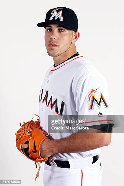Pitcher Jose Fernandez of the Miami Marlins poses for photos on media day at Roger Dean Stadium on February 24, 2016 in Jupiter, Florida.