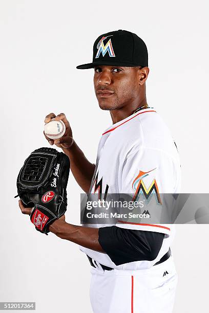 Edwin Jackson of the Miami Marlins poses for photos on media day at Roger Dean Stadium on February 24, 2016 in Jupiter, Florida.