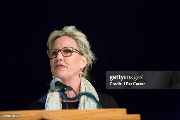 Erin Brockovich speaks during an Oklahoma Earthquake Town Hall Meeting at the University of Central Oklahoma February 23, 2016 in Edmond, Oklahoma....