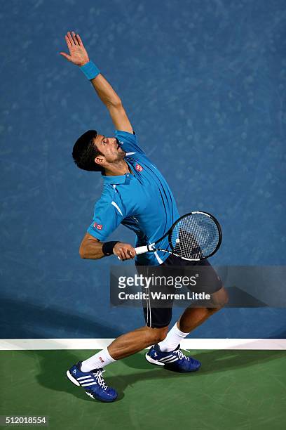 Novak Djokovic of Serbia in action against Malek Jaziri of Tunisia during day five of the ATP Dubai Duty Free Tennis Championship at the Dubai Duty...