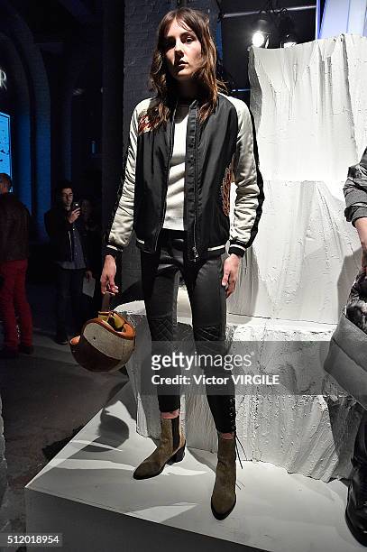 Model poses at the Belstaff presentation during London Fashion Week Autumn/Winter 2016/2017 on February 21, 2016 in London, England.