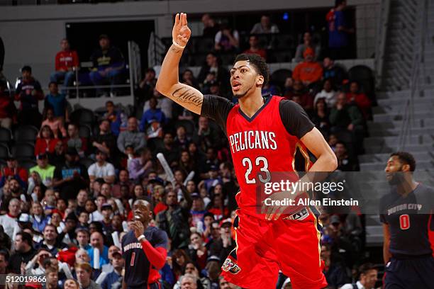 Anthony Davis of the New Orleans Pelicans celebrates a three point basket against the Detroit Pistons on February 21, 2016 at The Palace of Auburn...