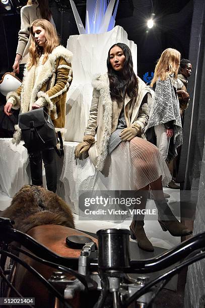 Model poses at the Belstaff presentation during London Fashion Week Autumn/Winter 2016/2017 on February 21, 2016 in London, England.