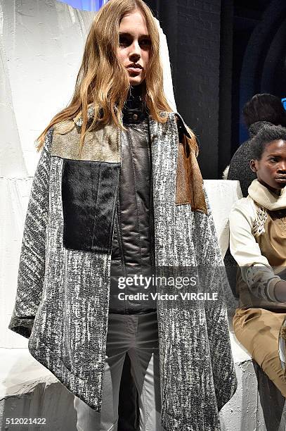 Model poses at the Belstaff presentation during London Fashion Week Autumn/Winter 2016/2017 on February 21, 2016 in London, England.