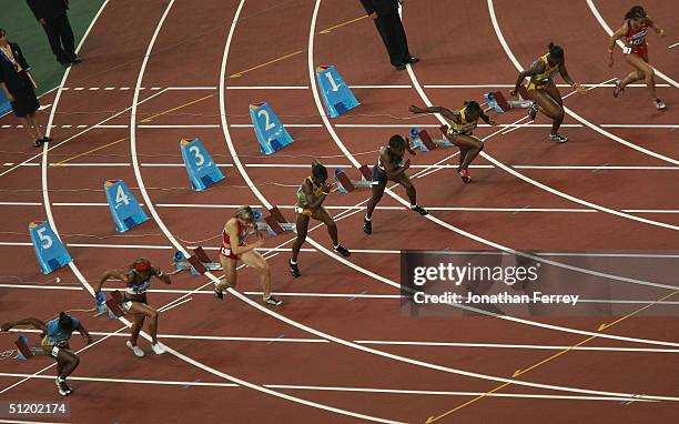Yuliya Nesterenko of Belarus is seen at the start of the women's 100 metre final on August 21, 2004 during the Athens 2004 Summer Olympic Games at...