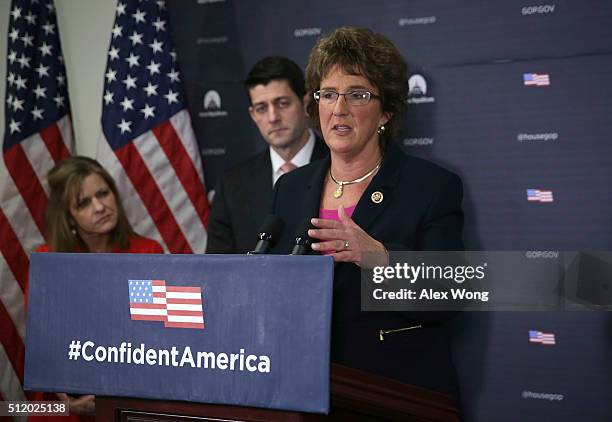 Rep. Jackie Walorski speaks as Speaker of the House Rep. Paul Ryan and House Republican Conference Vice Chair Rep. Lynn Jenkins look on during a news...