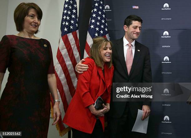 Speaker of the House Rep. Paul Ryan shares a moment with House Republican Conference Vice Chair Rep. Lynn Jenkins as House Republican Conference...