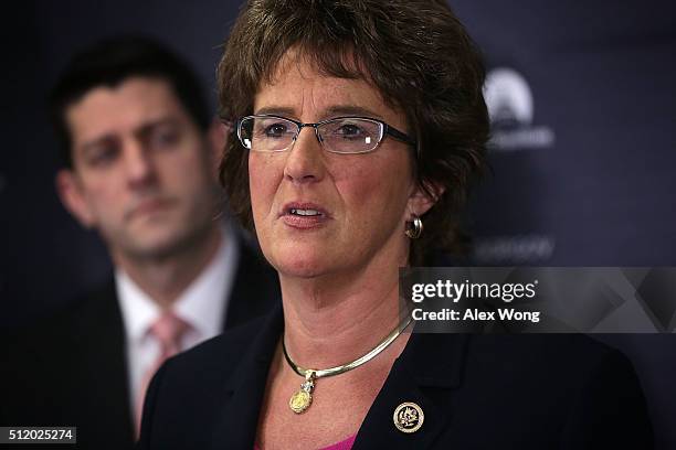 Rep. Jackie Walorski speaks as Speaker of the House Rep. Paul Ryan looks on during a news briefing after a House Republican Conference meeting...