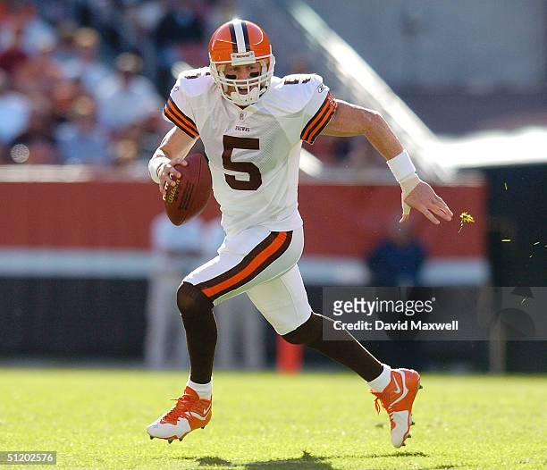 Quarterback Jeff Garcia of the Cleveland Browns carries the ball against the Detroit Lions during their pre-season game on August 21, 2004 at...