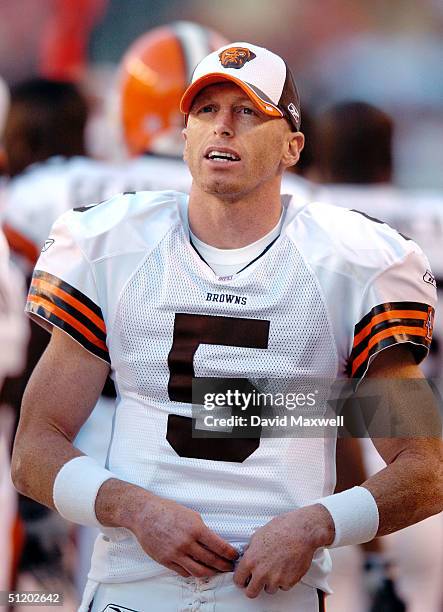 Cleveland Browns quarterback Jeff Garcia stands on the sidelines during their pre-season game against the Detroit Lions on August 21, 2004 at...