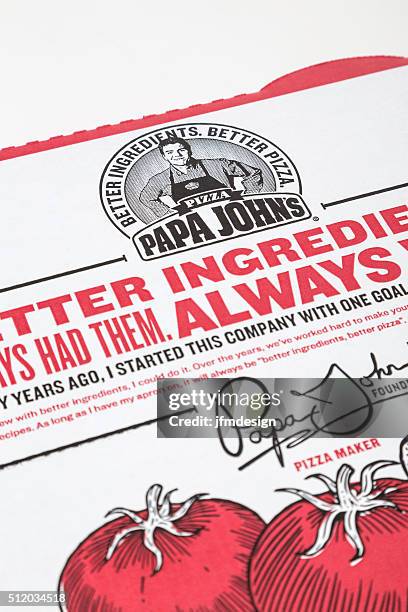 papa john's pizza box detail - papa john's stock pictures, royalty-free photos & images