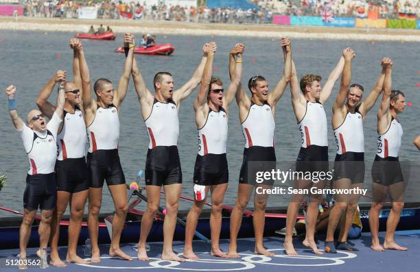 The United States gold medal winning men's eight team of Pete Cipollone, Bryan Volpenhein, Beau Hoopman, Dan Berry, Matt Deakin, Joseph Hansen, Chris...