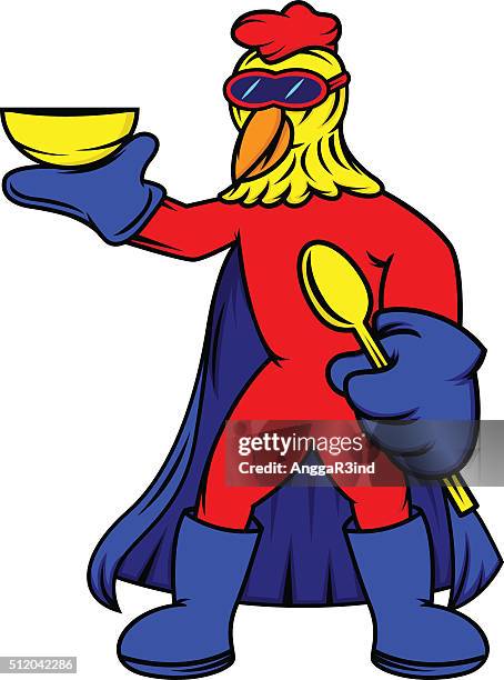 Super Chicken With Bowl And Spoon, Stockfoto