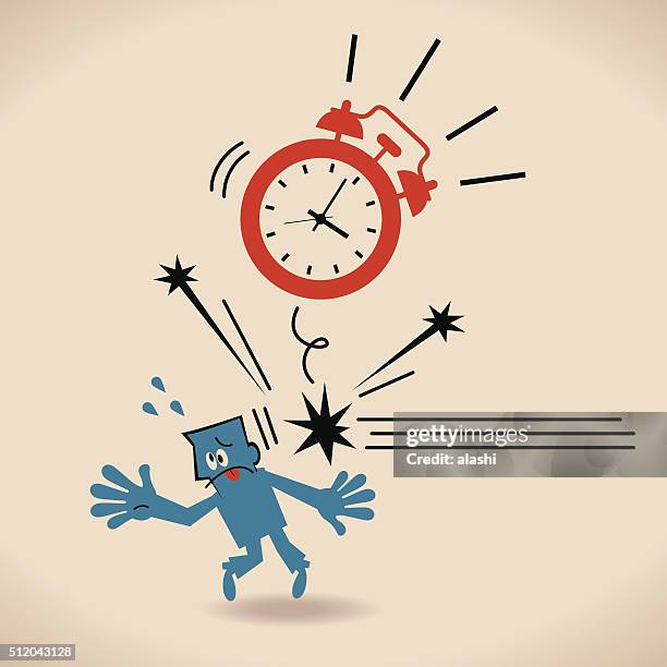 big alarm clock (time) throwing flying hitting blue businessman - hitting alarm clock stock illustrations