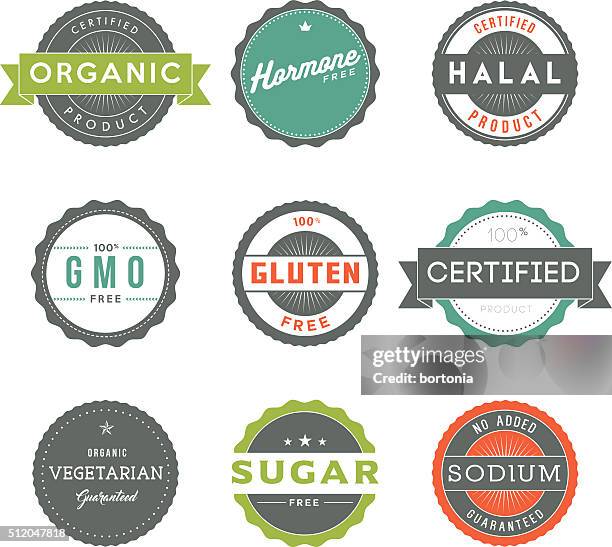 assorted vintage food information labels icon set - halal stock illustrations
